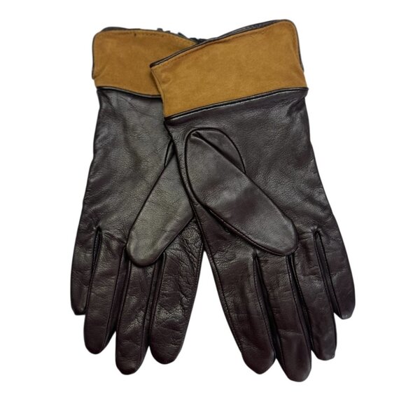 Lauren Ralph Lauren Leather Gloves Suede Cuff XL Brown Gold‎ Button NWT - Picture 2 of 6
